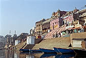 Varanasi , Kedara Ghat with the red and white-striped temple of Kedaresvara lingam